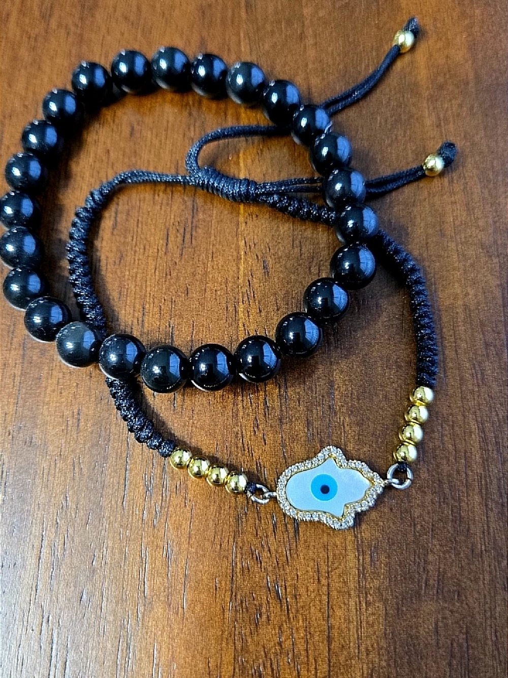 Evil Eye Hamsa Bracelet Stack in Black and Gold
